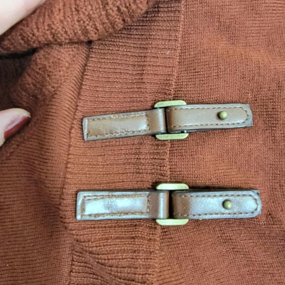Ellen Tracy 100% Extrafine Merino Wool Leather Buckle Brown Cowlneck Cardigan  M - Picture 6 of 12